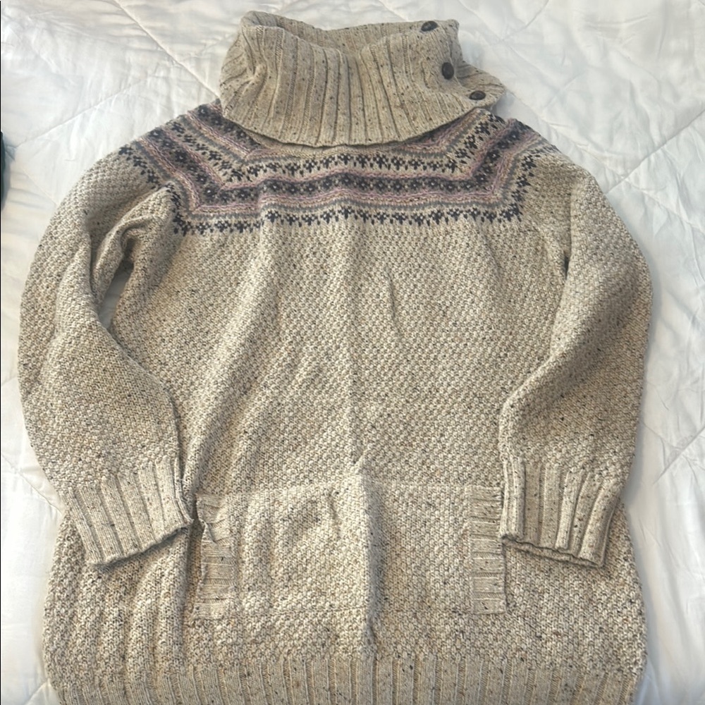Indigo Tan and Pink Cowl Neck Sweater with Chunky Knit and Decorative Pattern